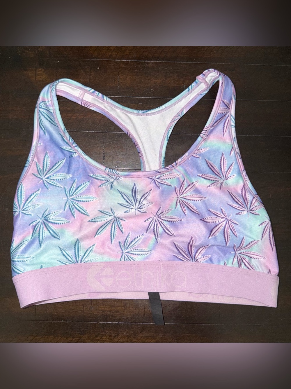 ethika Pastel Tie-Dye Leaf-Print Racerback Sports Bra - Lavender, Aqua, Pink